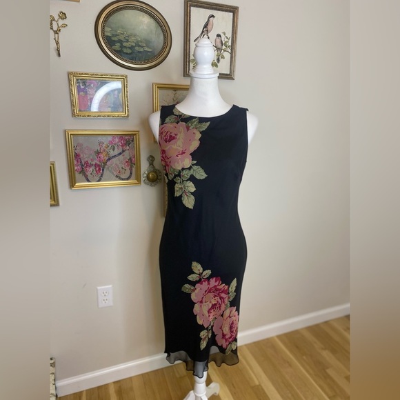 Vintage Y2K 90s Robbie Bee black pink roses silk bias cut party dress fairy 10P - Picture 1 of 7